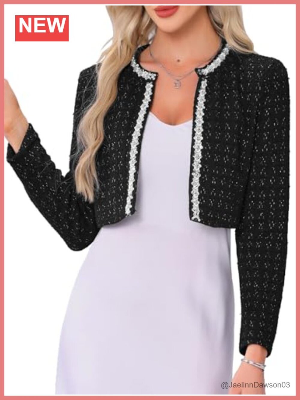 Allegra K Women Tweed Cropped Long Sleeve Open Front Office Jacket